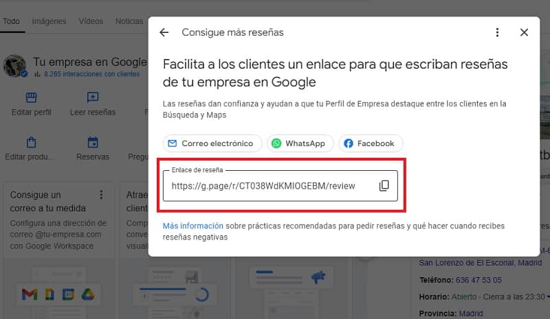 Enlace corto que te da Google para poder solicitar opiniones a tus clientes