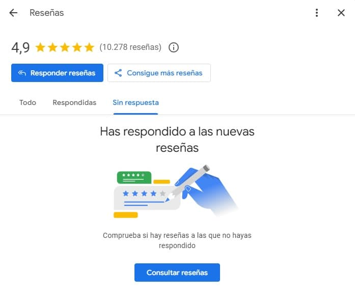 Panel de Google My Business con las reseñas respondidas y las que quedan por responder