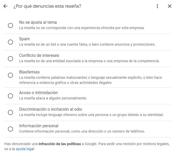 Motivos para denunciar una reseña en Google