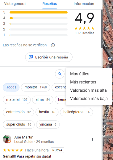 Opciones que da Google Maps para ordenar las reviews